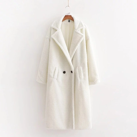 Women Long Teddy Fleece Coat Faux Fur Jacket Thick Warm Casual Lapel Outerwear Top With Pockets Solid Color Winter Overcoat