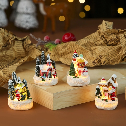 Weihnachts Miniatur Haus Harz LED Leuchtend Weihnachtsmann Schneemann Landschaft Ornament Desktop Feiertagsdeko