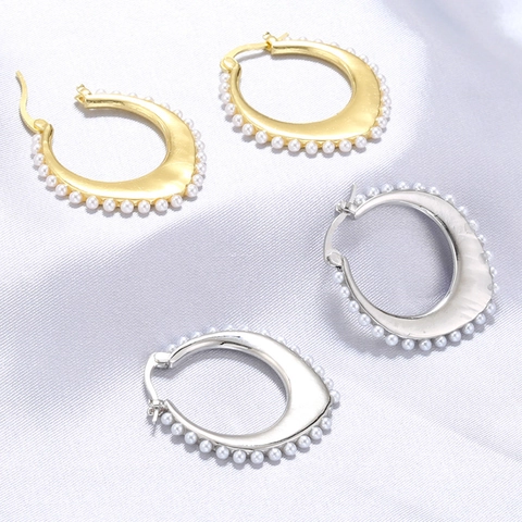 Französischer Retro C-förmige Creolen Für Damen Elegante Vergoldete Versilberte Kupfer Künstliche Perle Eingelegt Oval Ohrring Schmuck