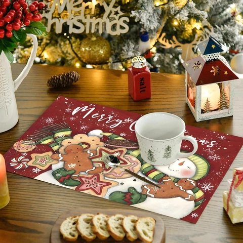 Christmas Placemats Polyester Heat Resistant Dining Table Mat Snowman Gingerbread Man Pattern Holiday Decor