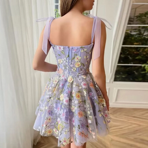 Women Elegant 3D Floral Embroidered Lace Dress Spaghetti Strap Bow Tie A-Line Party Evening Midi Dress For Banquet Wedding