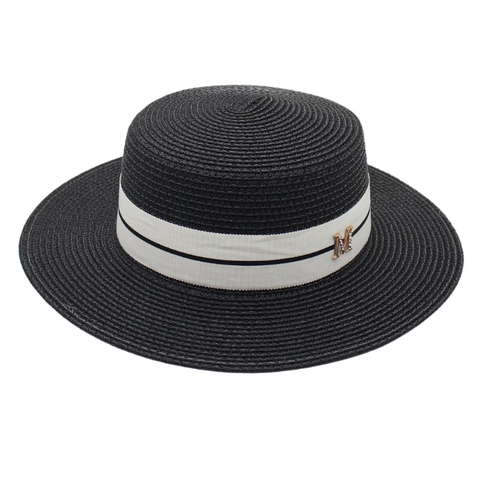 Cappello Di Paglia Donna Boater Intrecciato Protezione Solare Vacanze Estive Elegante Nastro Decoro Lettera M Metallo