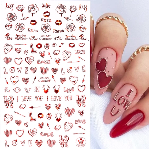 Autocollants Pour Ongles 3D Auto-Adhésifs Métallique Or Rouge Saint-Valentin Cœurs Roses Décoration Manucure Femmes