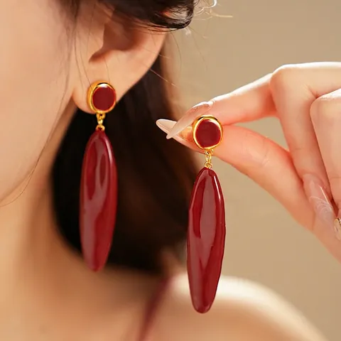 Ancora Red Enamel Oval Dangle Earrings With Silver Earring Post Vintage French Style Geometric Jewelry For Women
