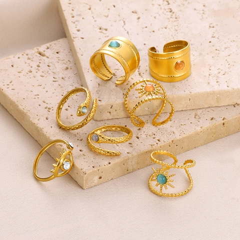 Verstelbare Ring Van Roestvrij Staal Verguld Retro Zon Sterrenregen Slang Boze Oog Kattenoogsteen Sieraden Voor Dames
