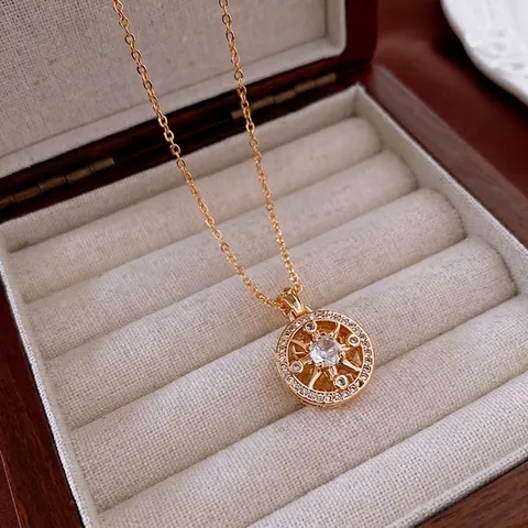 Collana Con Ciondolo Stella Bussola Rotonda Rame Placcato Oro Zirconia Cavo Gioielli Di Moda Minimalista Per Donne