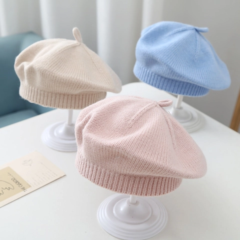 Knitted Baby Beret Hat Soft Warm Cotton Solid Color Sweet Flower Decor For Toddler Girls Boys Infant