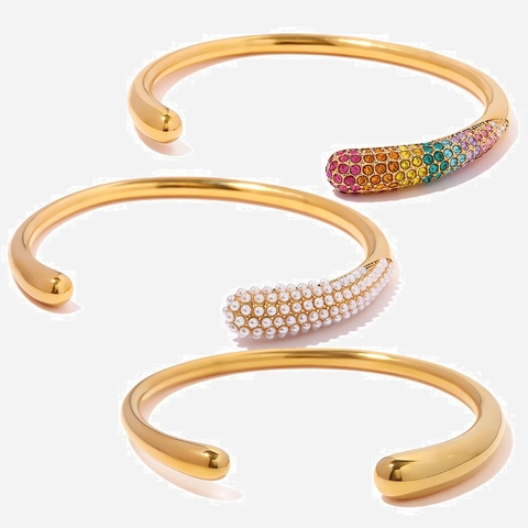 Bracelet Jonc Minimaliste Acier Titane Plaqué Or 18K Strass Künstliche Perle Bangle Ouvert Pour Femmes Bijoux De Luxe