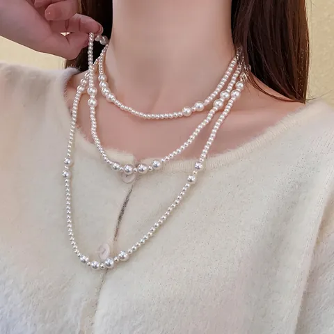 Collana Lunga Künstliche Perle Sintetiche Multistrato Elegante Catena Maglione Lega Galvanizzata Stile Vintage Francese Donna