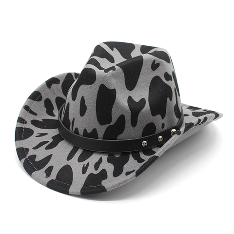 Westerse Cowboyhoed Wolvilt Koeienprint Brede Rand Fedora Met Klinknagel Lederen Band Vintage Jazz Pet Unisex