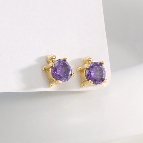 Boucles d'Oreilles Clous Tortue en Cuivre Plaqué Or 18K Avec Zirconia Violet Incrusté Thème Animal Tige en Argent 925 Bijoux Femme