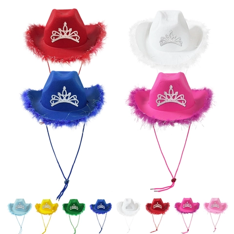 Chapeau De Cow-Boy Avec Bordure En Plumes Et Diadème En Strass Large Bord Fête Performance Déguisement Pour Adultes
