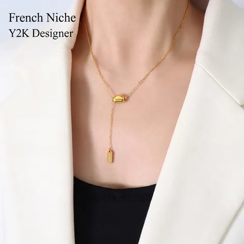 Collana Pendente Fagiolo Lettera Lucky Acciaio Al Titanio Placcato Oro 18K Nappa Forma Y Gioielli Minimalisti Per Donna