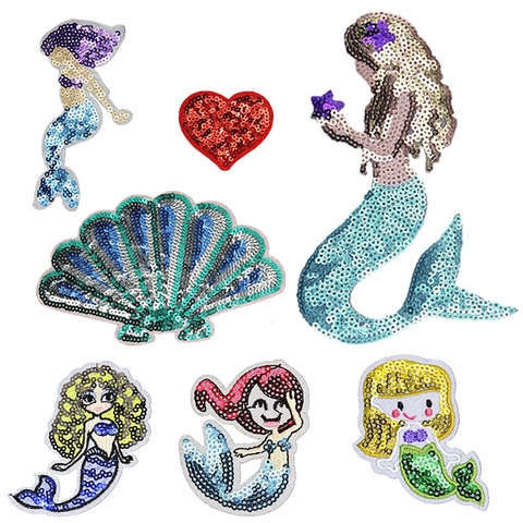 Sequin Mermaid Patch Embroidered Fabric Iron On Sparkling Shell Heart Appliques For DIY Clothing Decoration Jackets Bags
