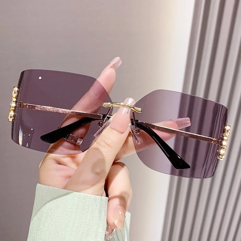Fashion Square Rimless Sunglasses Oversized Metal Frame UV400 Sun Protection Vintage Outdoor Eyewear For Women Men