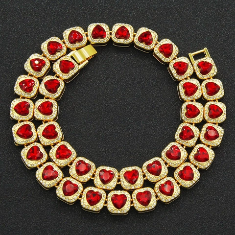 Collana a Maglia Cubana con Cuore in Lega e Strass Hip Hop per Uomo Placcato Oro Argento Ciondolo in Cristallo Rosso Geometrico Gioielli Regalo