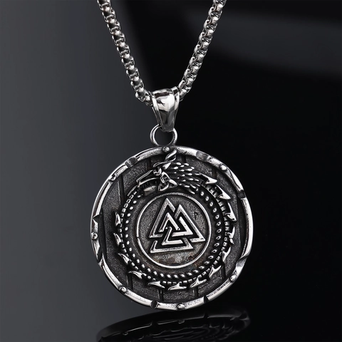 Collana Pendente Vichingo Acciaio Inossidabile Simbolo Valknut Rotondo Rilievo Drago Gioielli Mitologia Nordica Per Uomo Finitura Antica