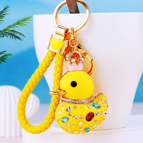 Cute Duck Keychain Rhinestone Crown Animal Bag Pendant Braided Rope Alloy Handbag Decoration Gift