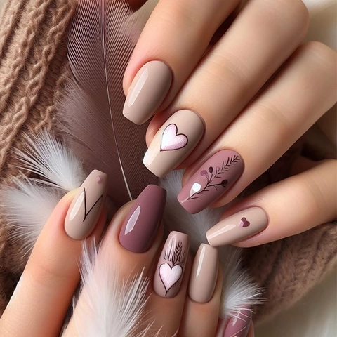 Kunstnagels Lange Kistvorm Hart En Blad Patroon Nude Roze Afneembare Kunstnagels