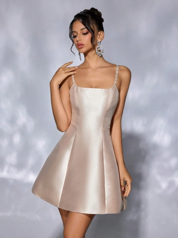 Champagner Satin Minikleid Strass Träger Rückenfrei A Linie Abendparty Kleidung Für Damen Elegant
