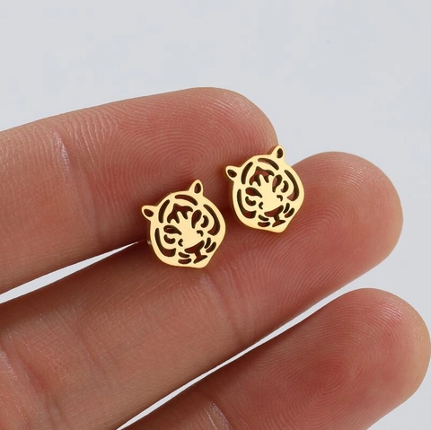 Tiger Head Stud Earrings Stainless Steel Hollow Out Animal Zodiac Punk Style Minimalist Fashion Jewelry