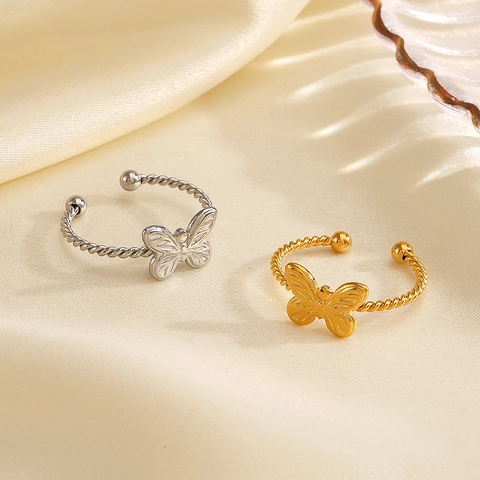 Anillo Abierto Mariposa Acero Inoxidable Chapado Oro 18K Banda Cuerda Trenzada Joyería Minimalista Ajustable Para Mujer