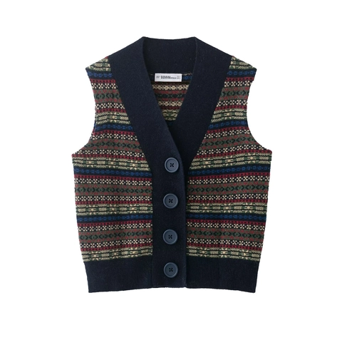 Vintage Fair Isle Knit Sweater Vest Women V-Neck Button Down Sleeveless Geometric Pattern Cardigan Loose Fit Retro Top