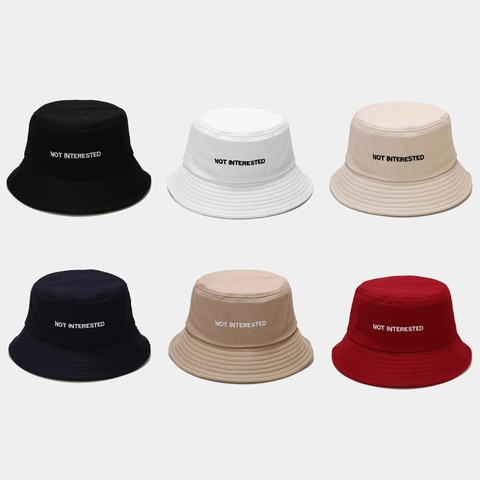 Not Interested Buchstaben Stickerei Baumwolle Fischerhut Faltbarer Sonnenschutz Sommer Outdoor Strandbeckenhut Unisex