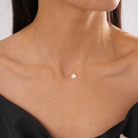 Collana Minimalista In Filo Da Pesca Invisibile Con Ciondolo Solitario In Zircone E Rame Effetto Fluttuante Per Donna
