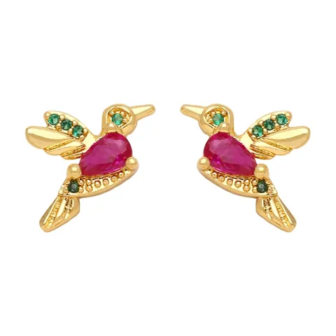 Colorful Zircon Stud Earrings Copper Gold Plated Heart Hummingbird Leaf Shape Fashion Jewelry For Women