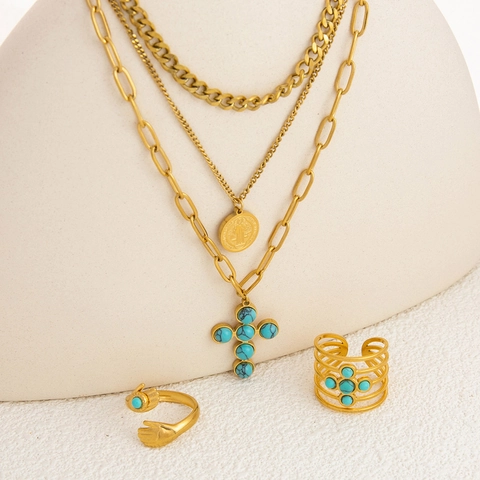 Vintage Edelstahl Schmuckset Für Damen Naturstein Türkis Kreuz St Benedikt Medaille Mehrlagige Halskette Und Ring