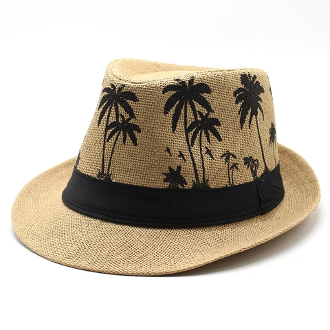 Sommer Stroh Fedora Hut Palmbaum Druck Papier Gewebt Strand Sonnenschutz Jazz Kappe Mit Schwarzem Band Für Herren Damen