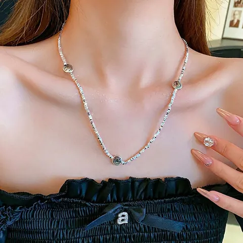 Smiley Face Pendant Necklace Alloy Silver Tone Square Block Chain Fashion Jewelry For Women