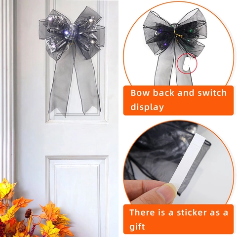 Halloween LED Glowing Bow Black Gauze Silver Skull Pattern Hanging Ornament For Door Wall Party Atmosphere Decoration