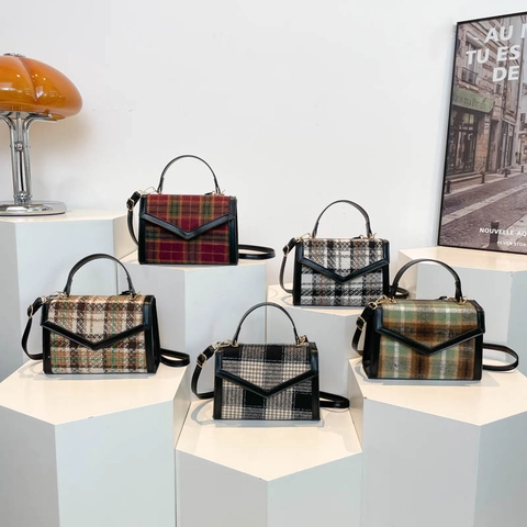 Borsa A Tracolla Retrò In Tweed A Quadri Da Donna Con Rifiniture In Pelle PU Borsa A Mano Con Manico E Tracolla Regolabile Elegante