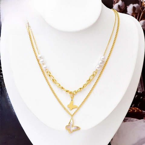 Collar De Varias Capas Con Colgante De Mariposa Acero Inoxidable Nácar Perlas Artificiales Joyería Elegante Vintage K18 Para Mujeres