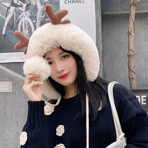 Gorro De Invierno Con Orejeras Para Mujer Piel Sintética Grueso Cálido Navidad Astas Lindas Orejas De Oso Punto Borla Pom Pom