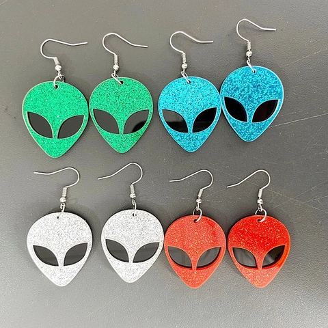 Alien Head Drop Earrings Glitter Sequin Acrylic Metal Hooks Halloween Party Hip Hop Future Style Women Accessory