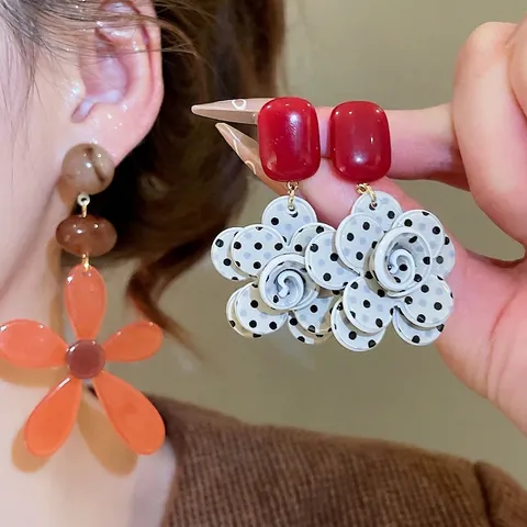 Vintage French Retro Polka Dot Flower Drop Earrings With 925 Sterling Silver Earring Post Acrylic Resin Jewelry Women
