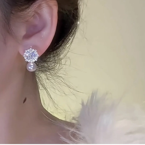 Elegant Flower Zircon Pink Artificial Pearl Stud Earrings With Silver Earring Post For Women Luxury Daily Accessory