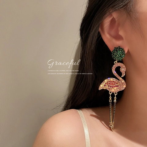Flamingo Hangende Oorbellen Met Zilveren Oorsteker Legering Roze Groen Strass Lange Kwastjes Mode Sieraden Voor Vrouwen