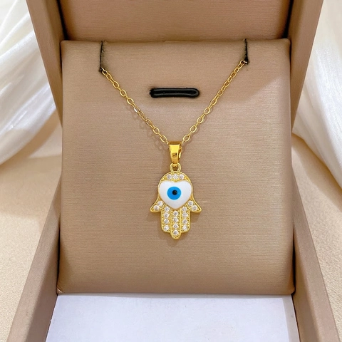 Hamsa Hand Boze Oog Ketting Roestvrijstalen Ketting Koperen Hanger Zirconia Ingelegd Luxe Elegante Sieraden Voor Dames