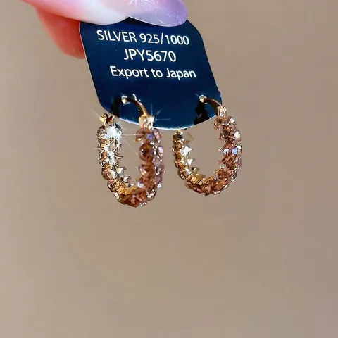 Luxury Hoop Earrings Gold Plated Alloy Geometric Round Champagne Coffee Rhinestone With 925 Sterling Silver Earring Post