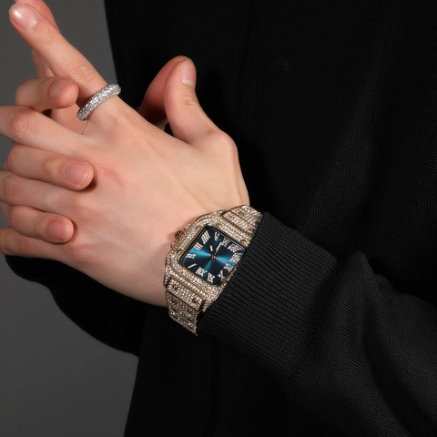 Lussuoso Orologio al Quarzo da Uomo Iced Out Hip Hop Moda Quadrante Quadrato Numeri Romani Strass Lega Acciaio Inossidabile 316L