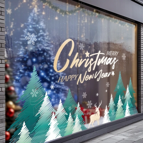 Christmas Window Stickers Static Cling PVC Reusable Snowflake Tree Deer Decals Double Sided Festive Shop Home Glass Decoration