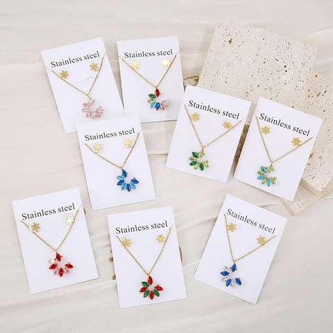 Floral Petal Pendant Necklace And Stud Earrings For Women Stainless Steel Gold Plated Rhinestone Elegant Jewelry
