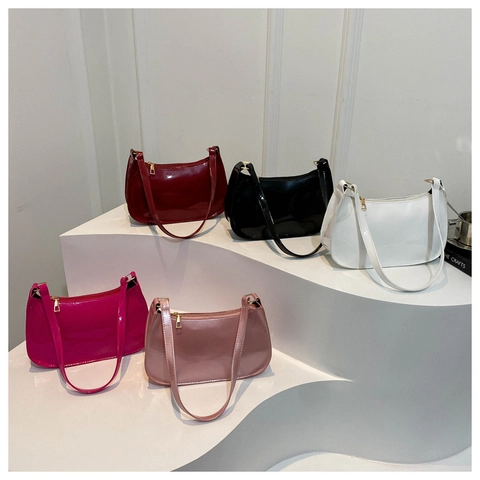 Women Minimalist Patent Leather Underarm Bag Shiny PU Small Shoulder Bag Solid Color Elegant Gold Zipper Versatile Handbag