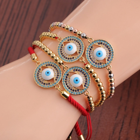 Böser Blick Charm Armband Kupfer Zirkon Mikropflaster Verstellbar Geflochtenes Seil Handgemachter Schmuck