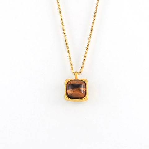 Collana in Acciaio al Titanio Placcato Oro Stile Hepburn Vintage da Donna Elegante Ciondolo in Pietra Occhio di Tigre