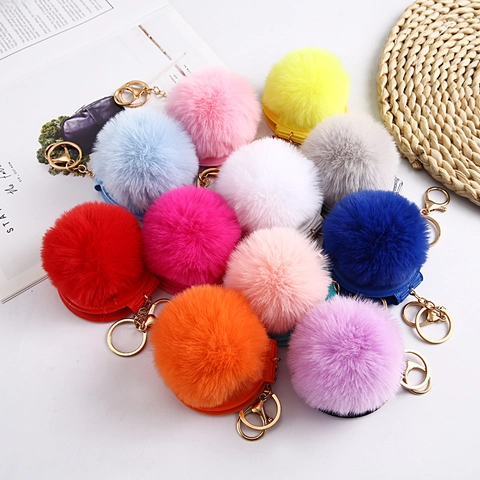 Miroir De Maquillage Double Face Pliable Porte-Clés Pompon En Fausse Fourrure Charme De Sac Portable Pendentif Gland Coeur Pour Femme